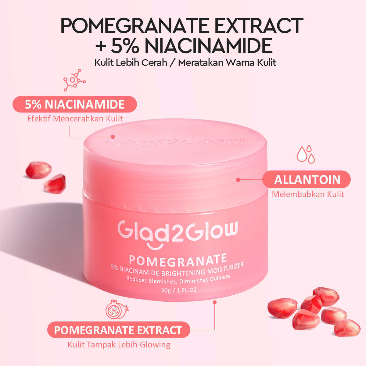 Glad2Glow Pomegranate Niacinamide Power Bright Moisturizer | 30 g