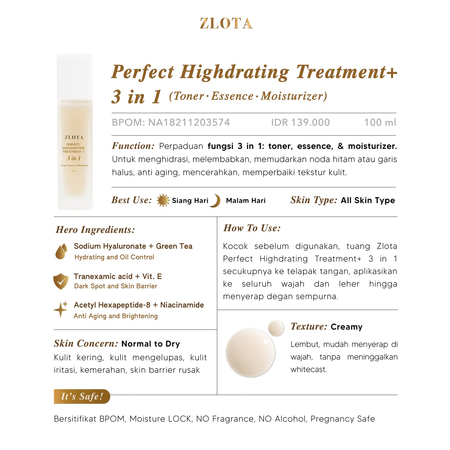 ZLOTA Perfect Highdrating Treatment+ 3in1: Toner, Essence, Moisturizer 100ml