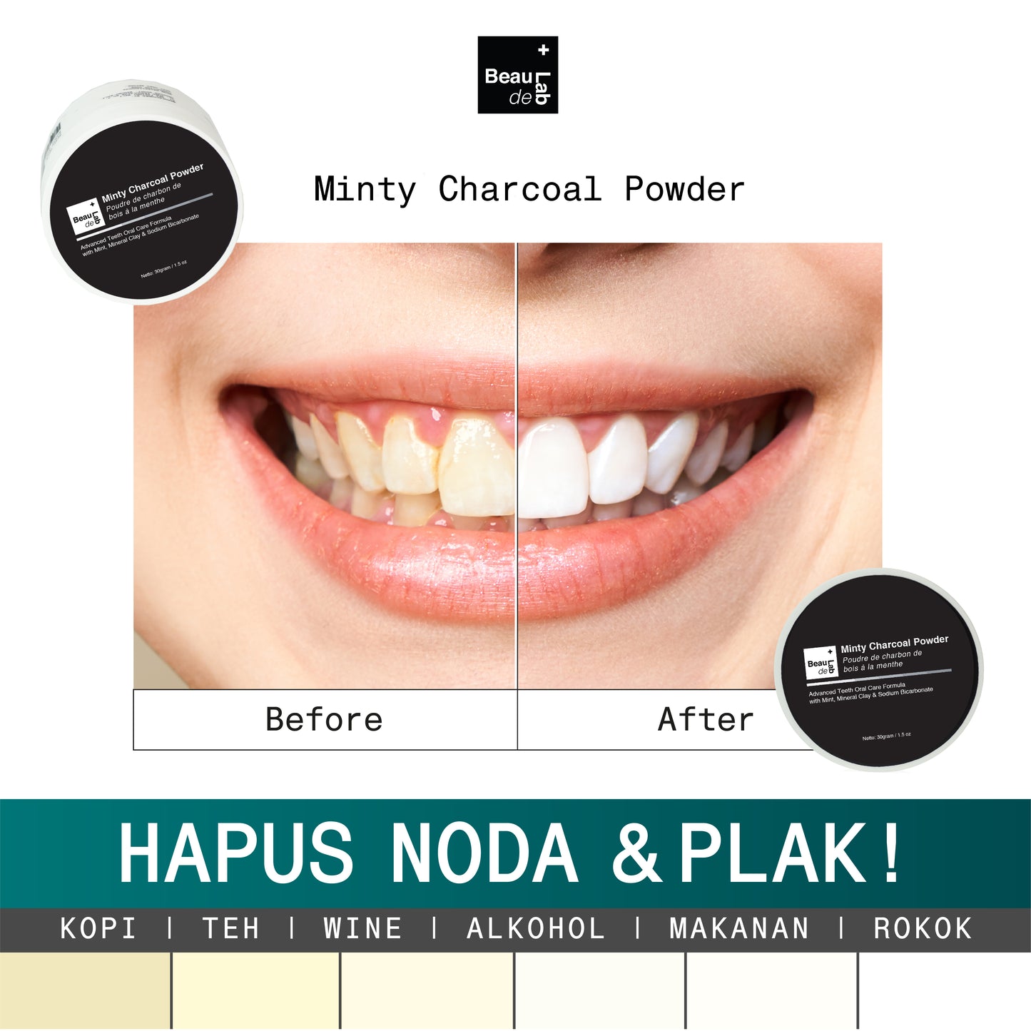 Beaudelab Minty Charcoal Powder For Teeth Detoxification (Arang Aktif Detoks Karang & Pemutih Gigi) | 30 g