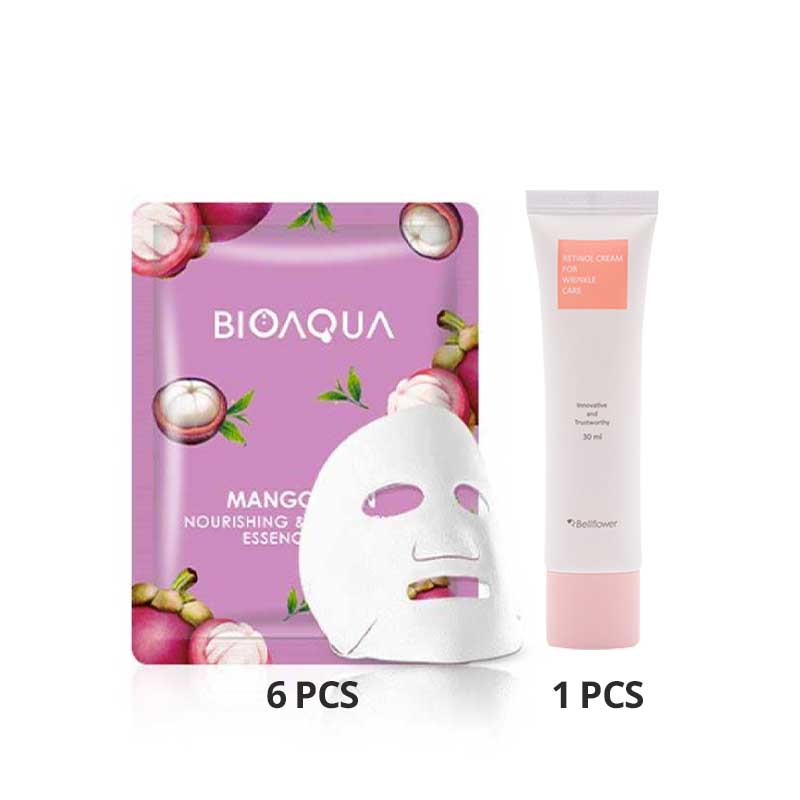 COMBO 6+1 BIOAQUA Mangosteen Nourishing & Brightening Essence Mask 25g Free Bellflower