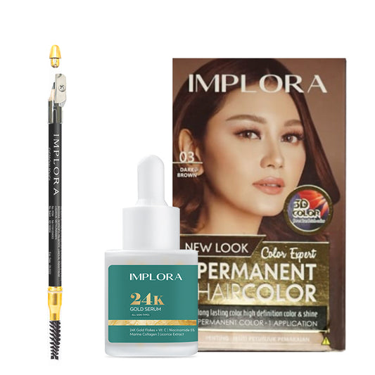 [Combo] Implora Hair Color Dark Brown 03 + 24K Gold Serum (20 ml) + [Free] Implora Eye Pencil