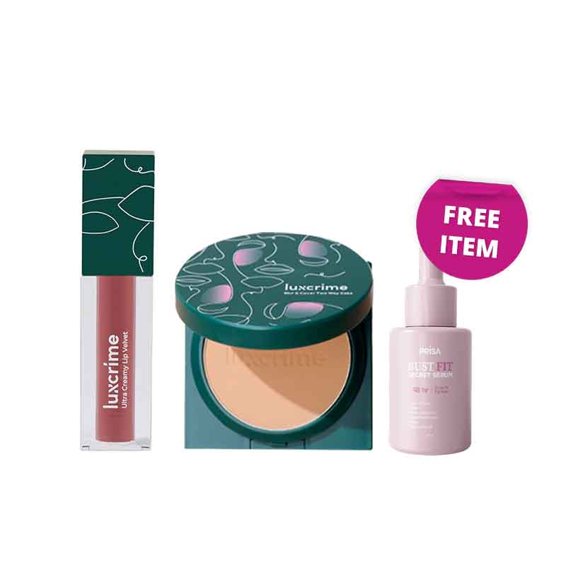 [Paket 3] LUXCRIME Two Way Cake + lip Velvet Berry Mojito Free Prisa Bust Fit Serum