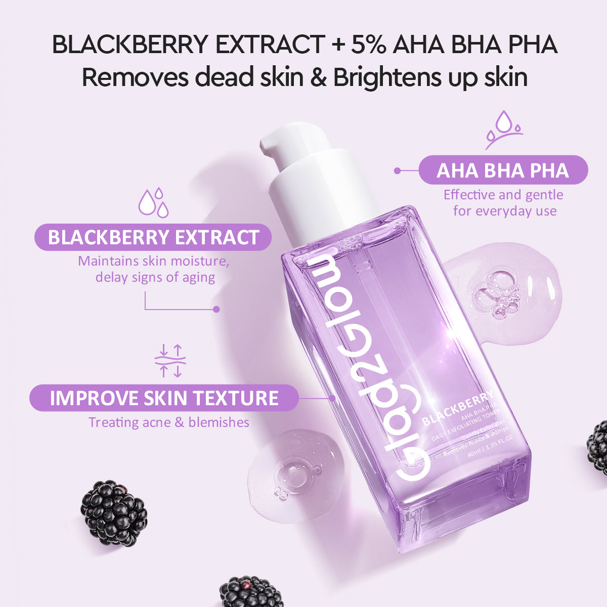 Glad2Glow Blackberry Aha Bha Pha Daily Exfoliating Toner | 17 ml