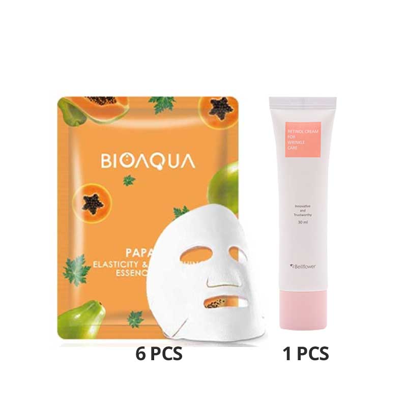 COMBO 6+1 BIOAQUA Papaya Elasticity & Nourishing Essence Mask 25g Free Bellflower