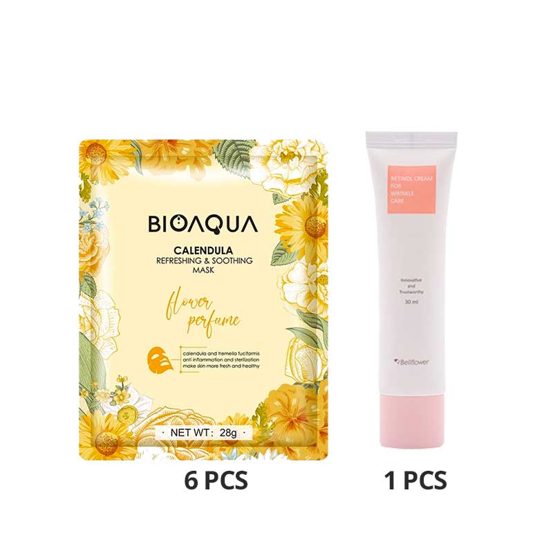 COMBO 6+1 BIOAQUA Calendula Refreshing & Soothing Mask 28g Free Bellflower