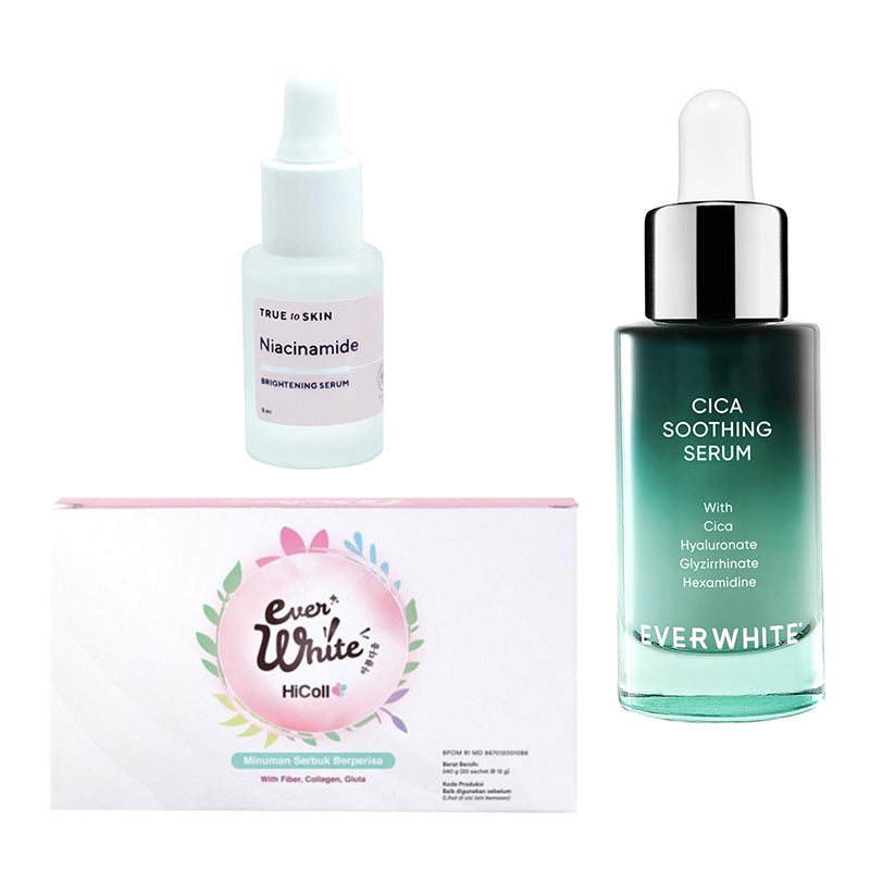 [Combo] Everwhite Hicoll Drink Brightening Booster (20Sachet) + Cica Soothing Serum (30 ml) + [Free] True To Skin Niacinamide Brightening Serum Mini