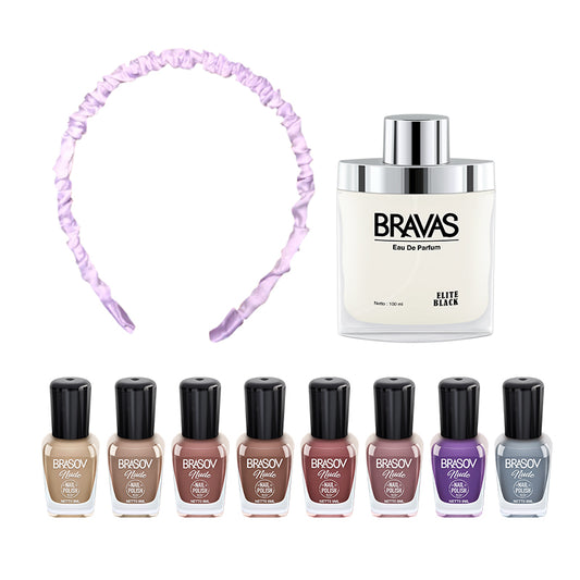 [Combo] Brasov Nail Polish Nude Colors 8 pcs (8ml) + EDP Bravas Elite Black (100 ml) + [Free] Bando Scrunchie Korea